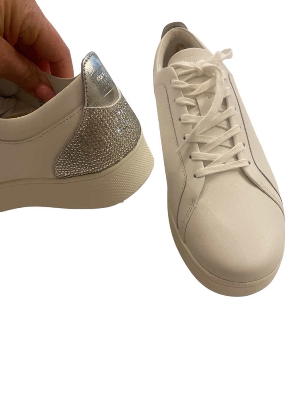 Fitflop Womens Rally Crystal Back Tab Leather White Platform Sneaker NEW size 10